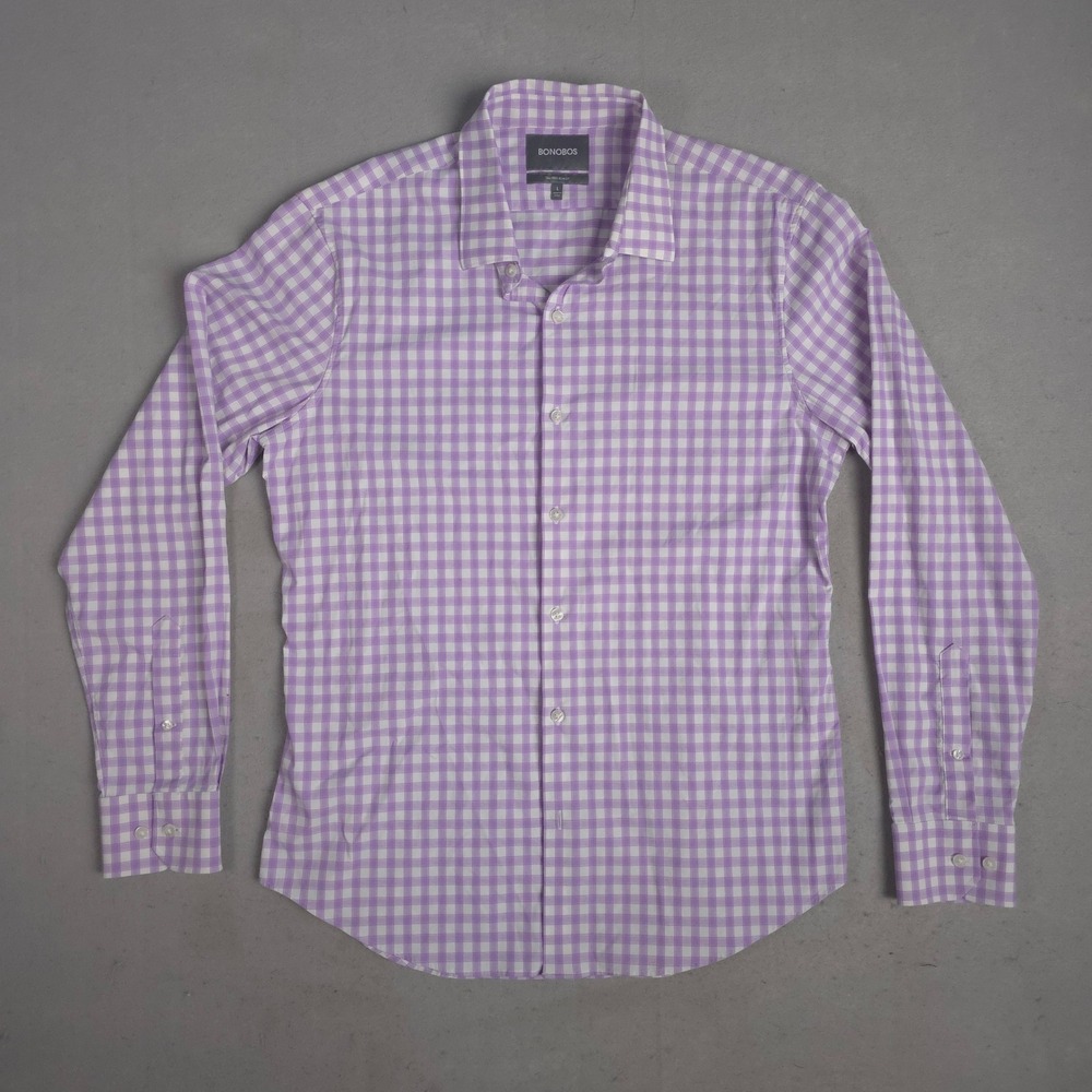 BONOBOS‎ Tailored Slim Fit Gingham Dress Shirt Mens Large Lavender Long Sleeve